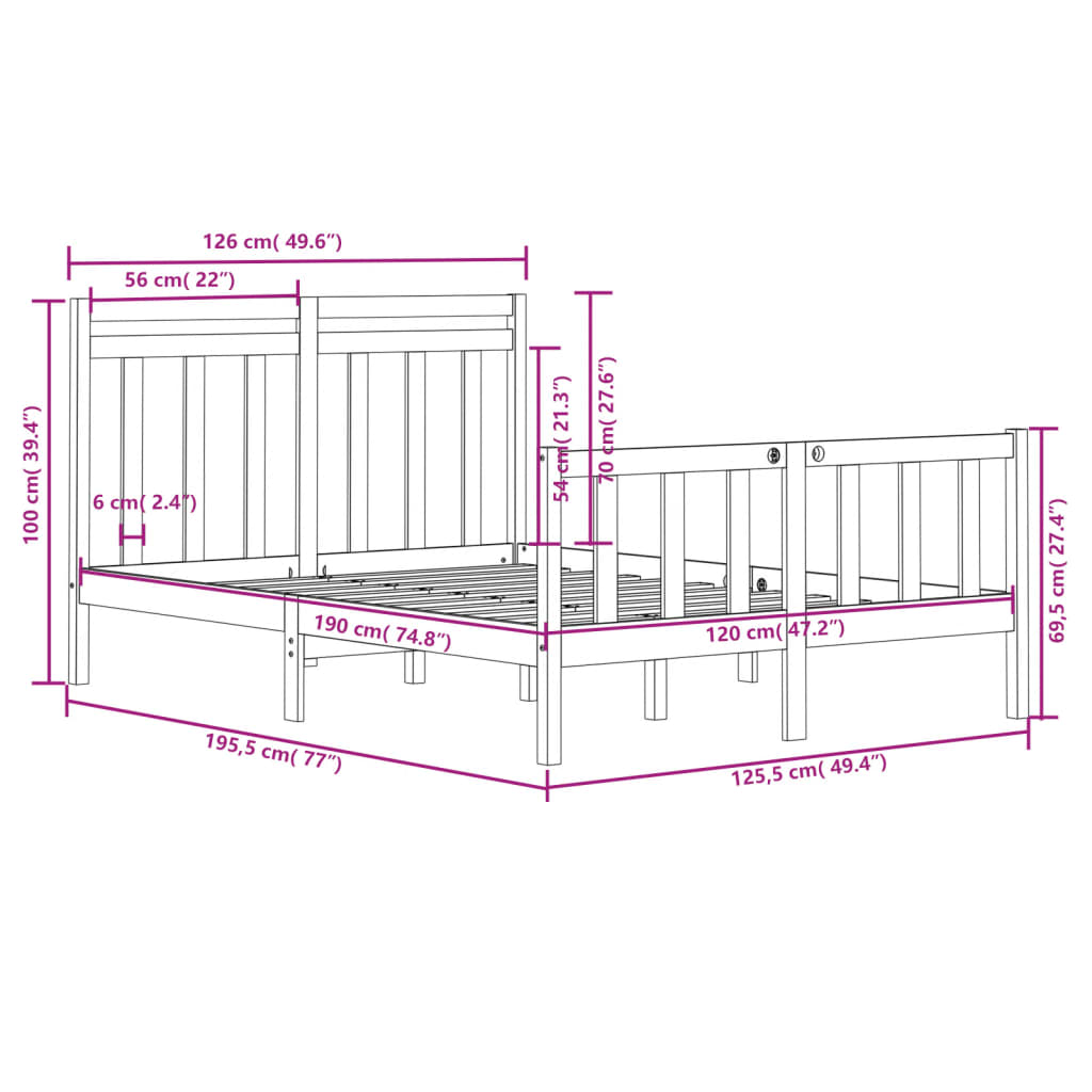 Bedframe massief hout 120x190 cm