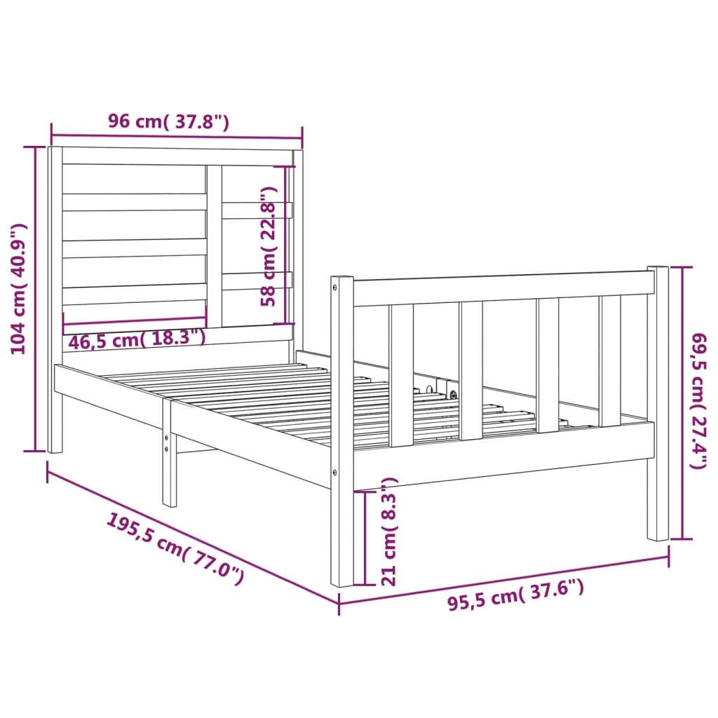 Bedframe massief hout 90x190 cm