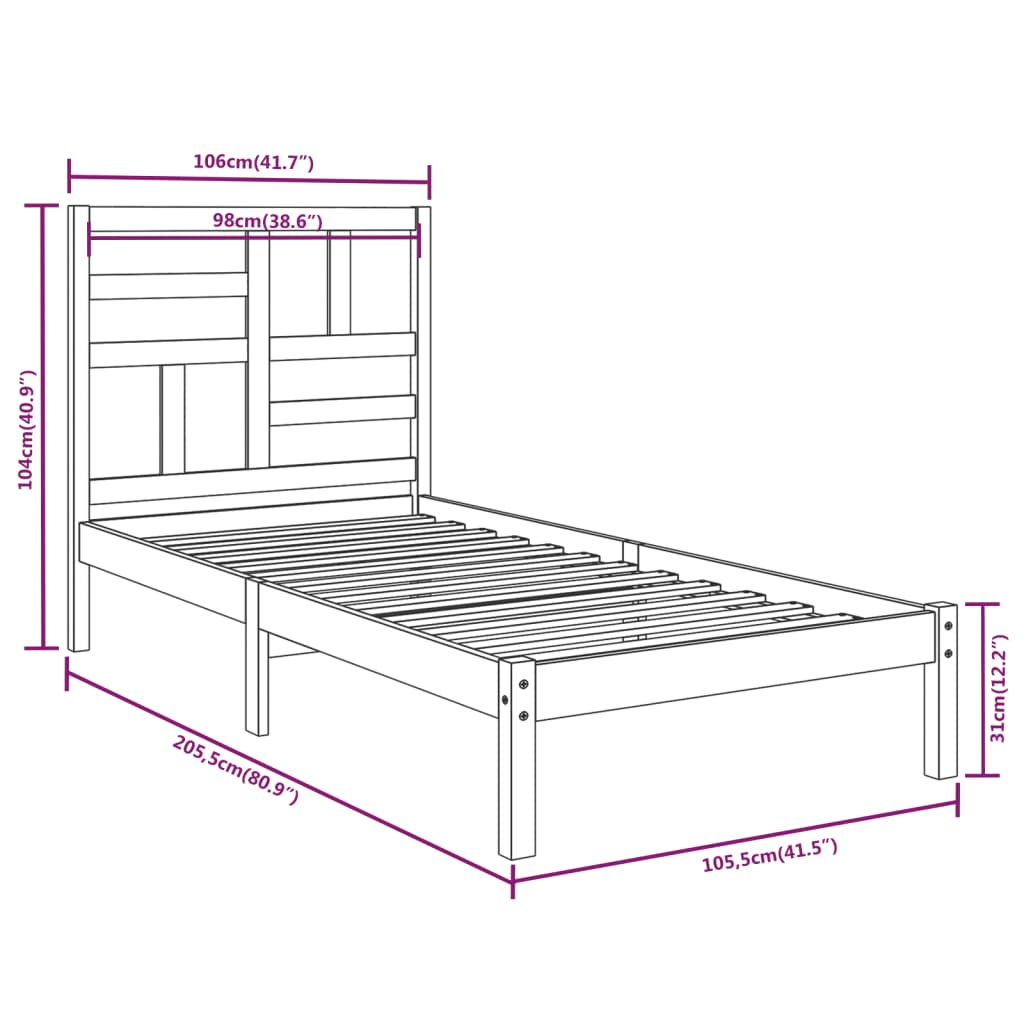 Bedframe massief hout 100x200 cm