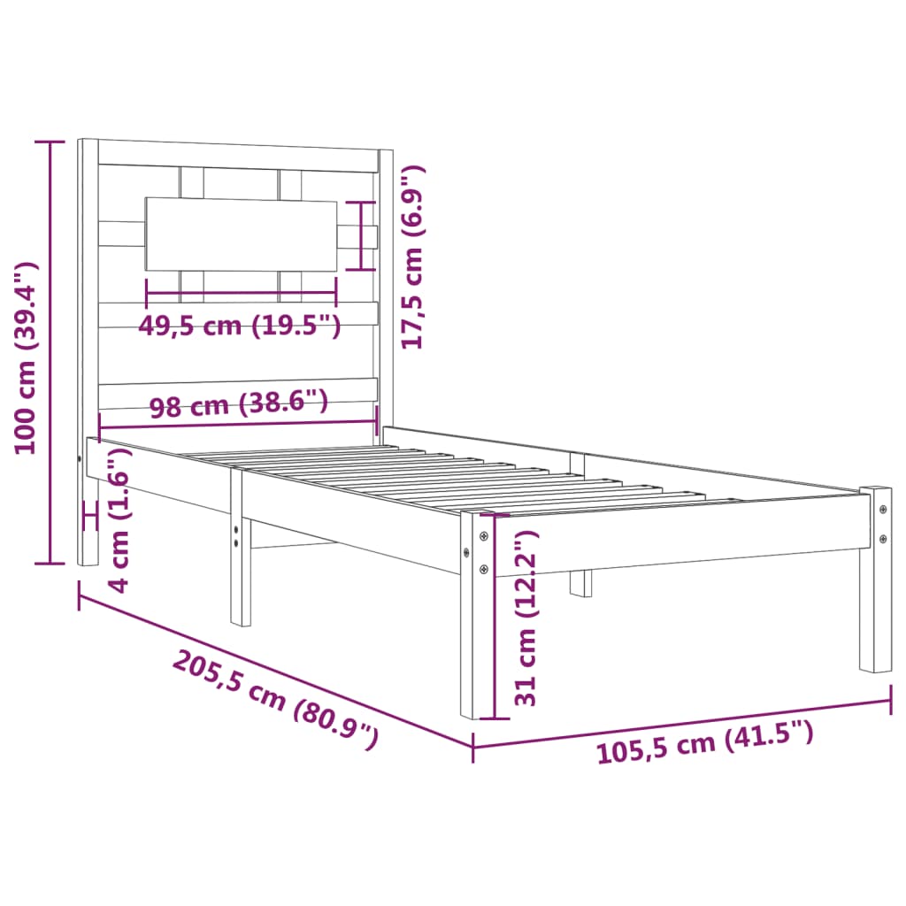 Bedframe massief grenenhout 90x200 cm