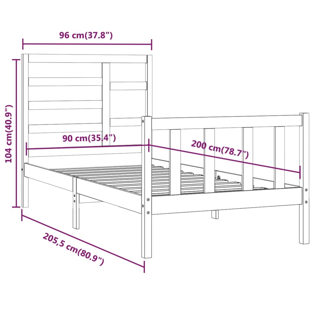 Bedframe massief grenenhout 90x200 cm