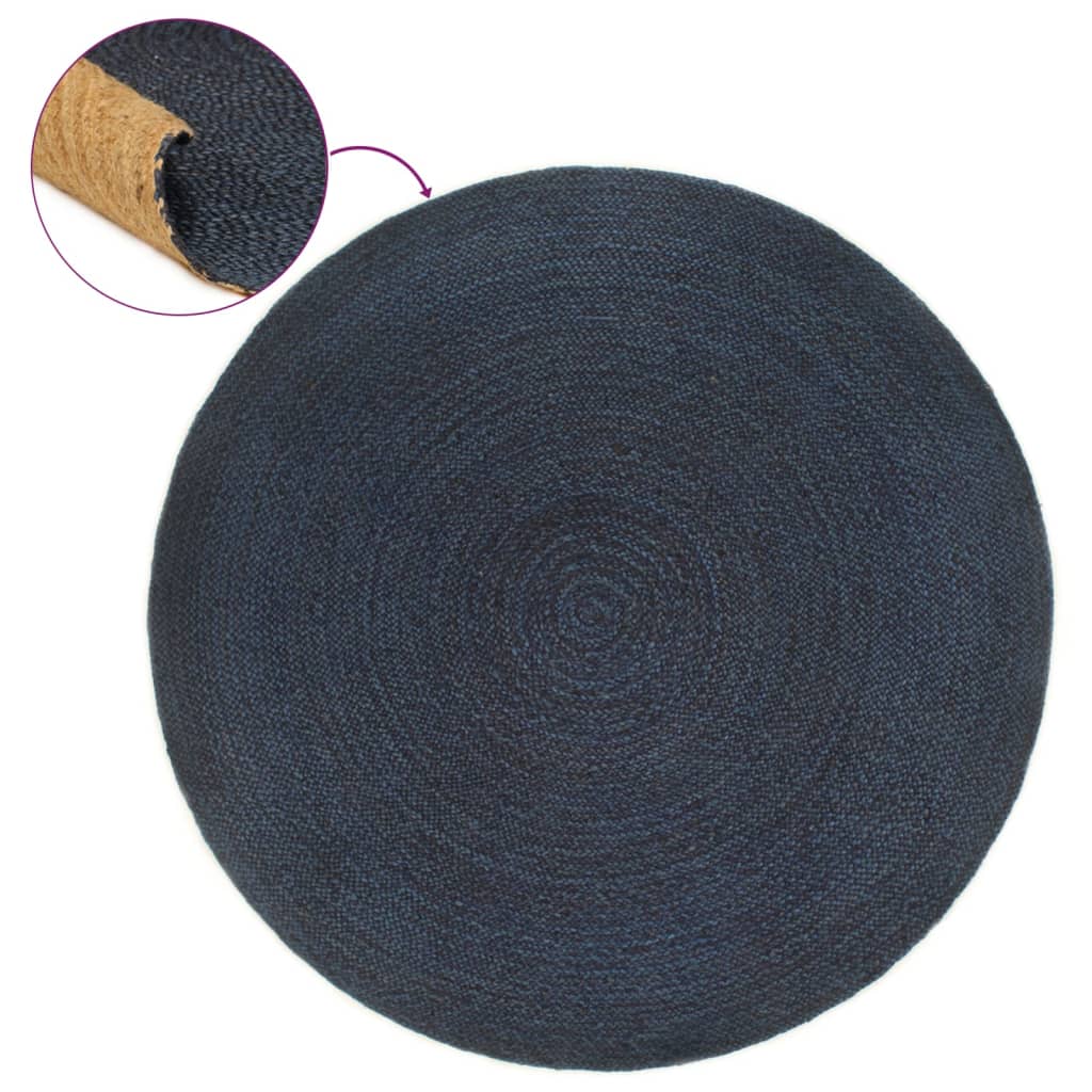 Tapis réversible rond 150 cm jute bleu marine et naturel