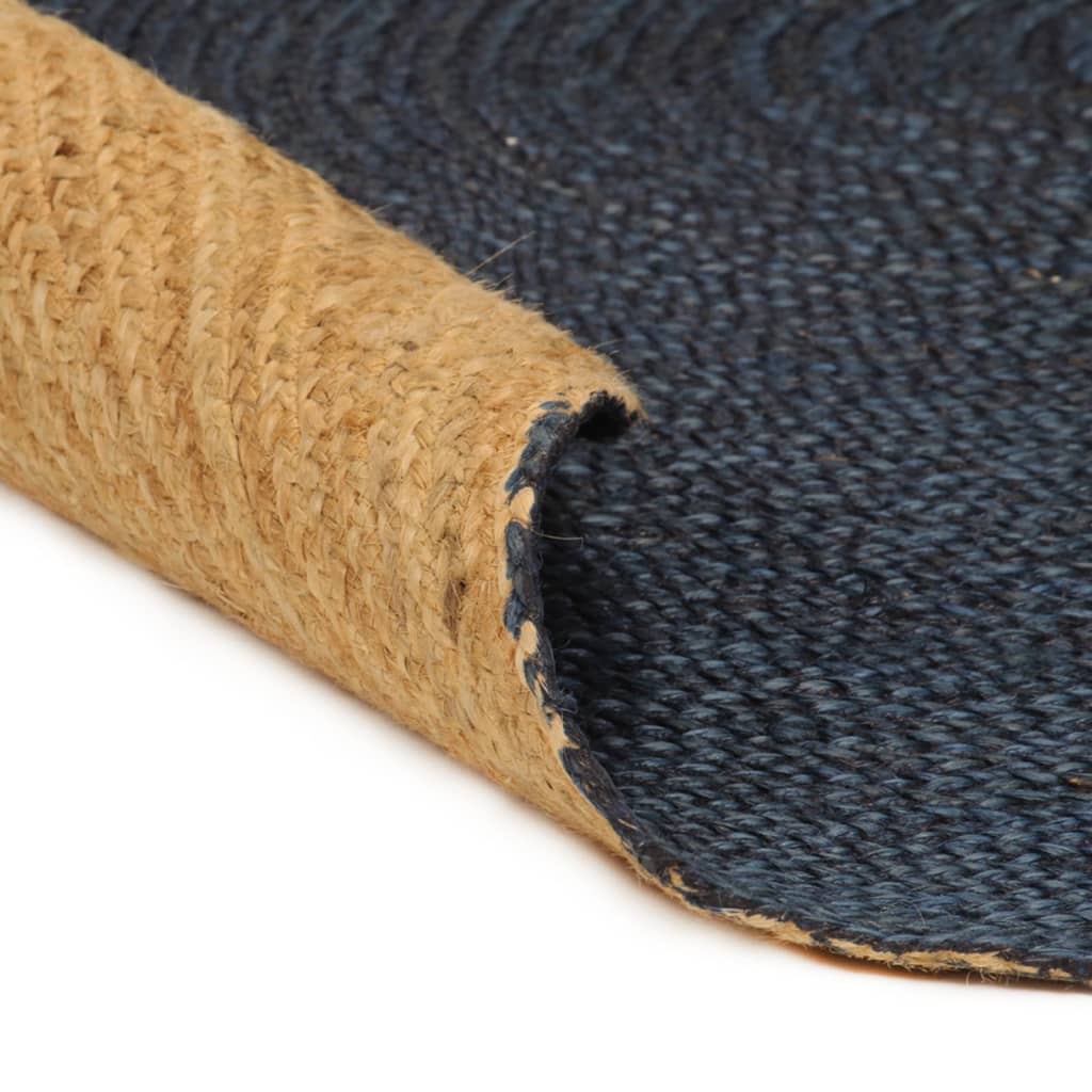 Tapis réversible rond 150 cm jute bleu marine et naturel