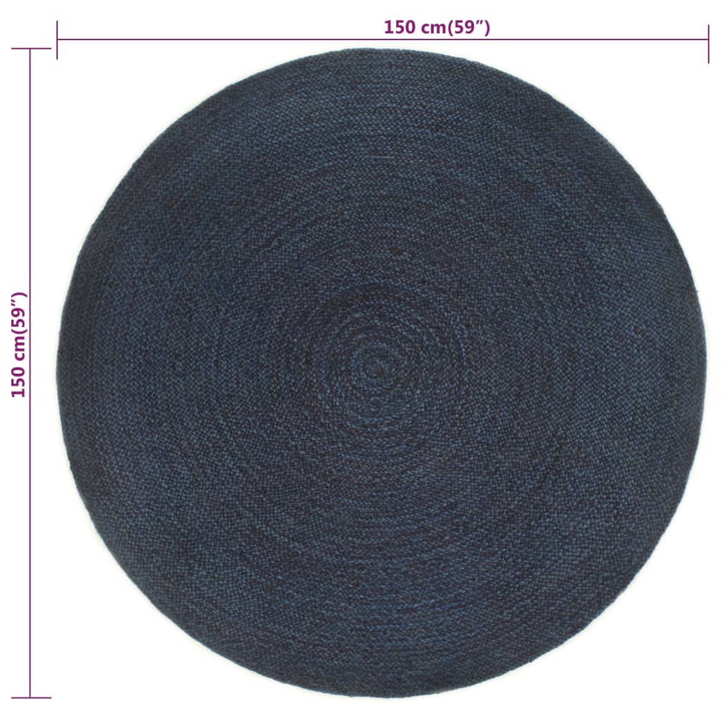 Tapis réversible rond 150 cm jute bleu marine et naturel