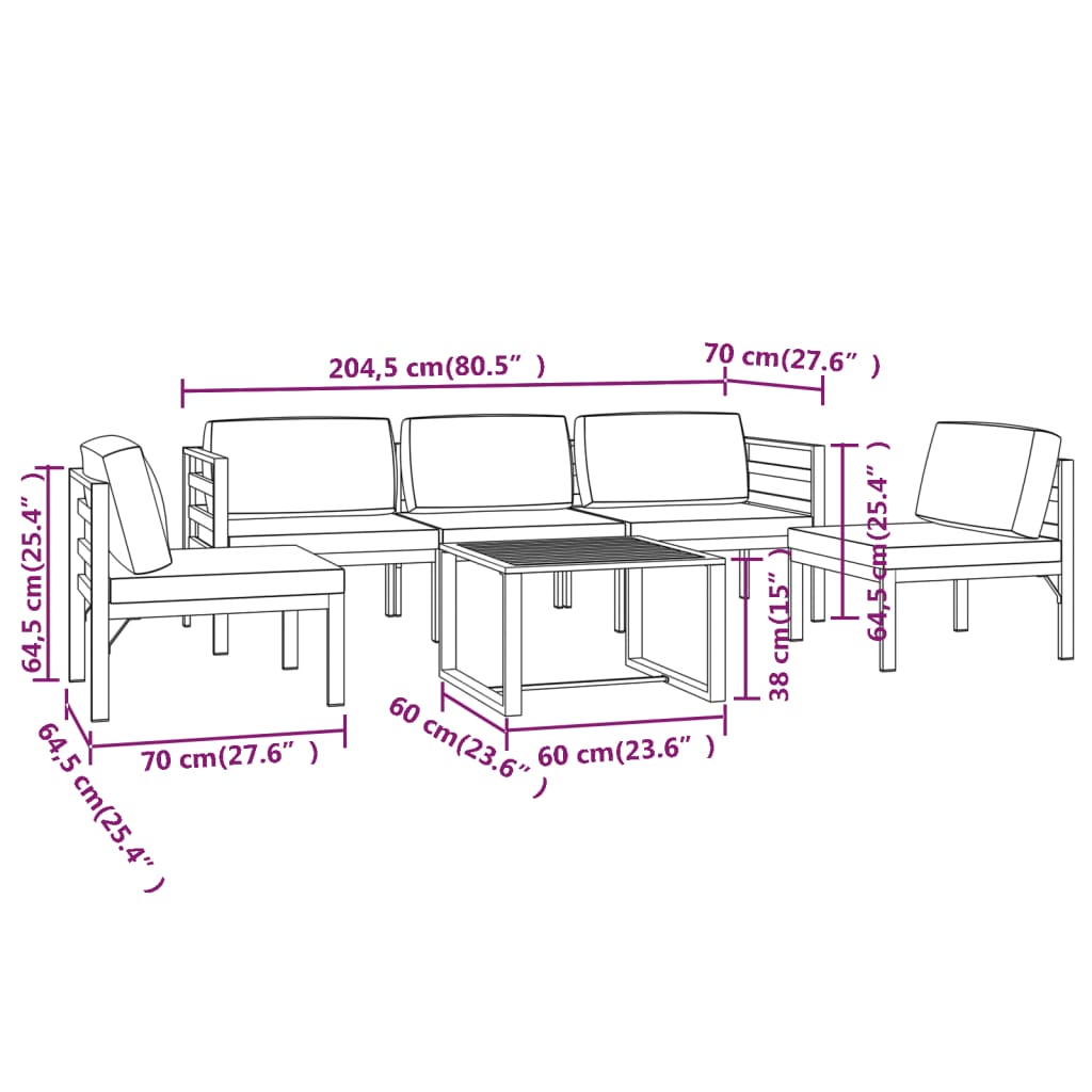 Ensemble Lounge 7 pièces avec coussins en aluminium anthracite