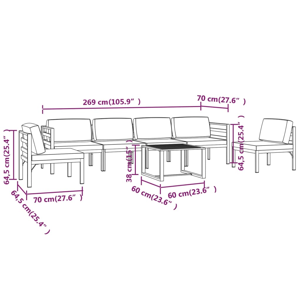 Ensemble Lounge 7 pièces avec coussins en aluminium anthracite