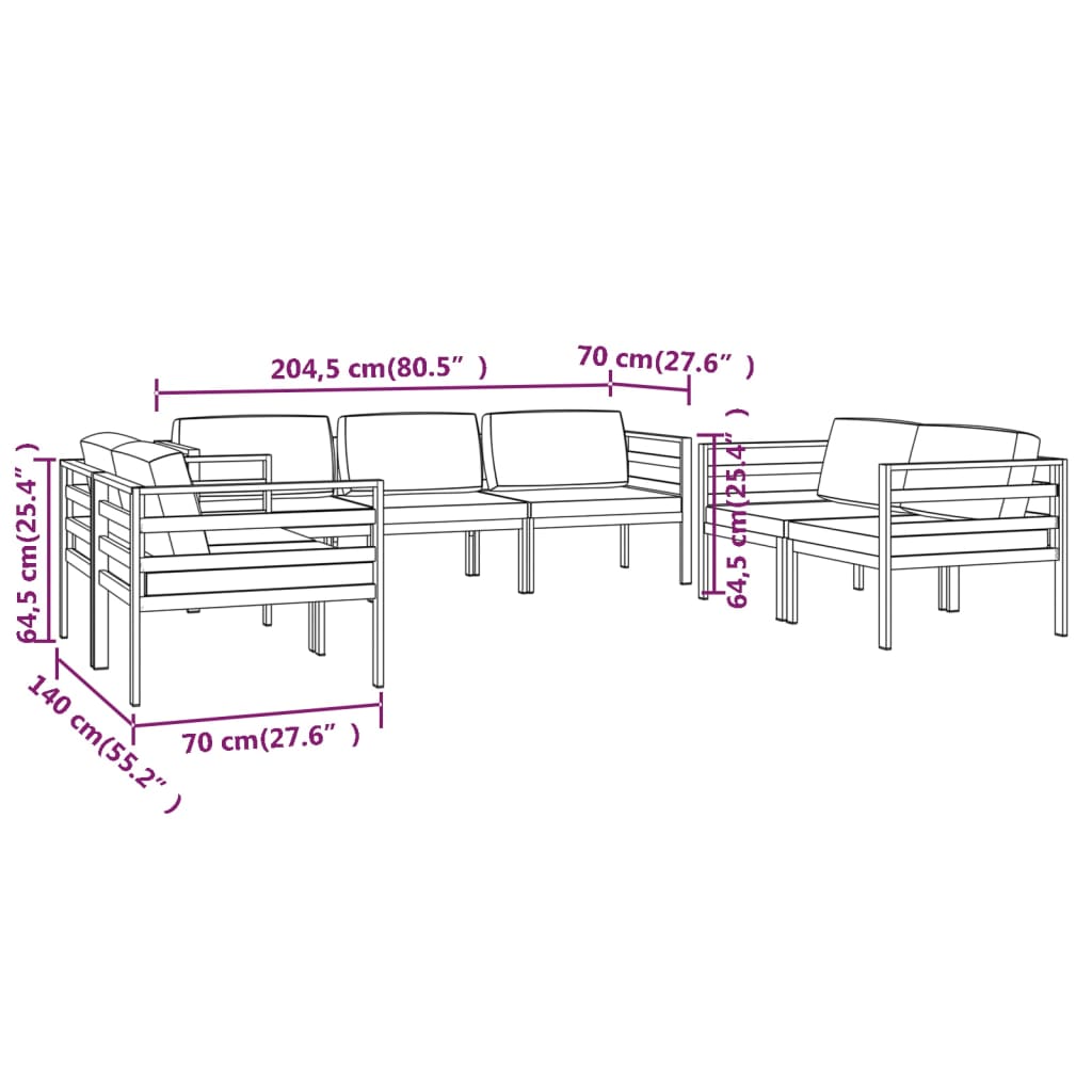 Ensemble Lounge 7 pièces avec coussins en aluminium anthracite