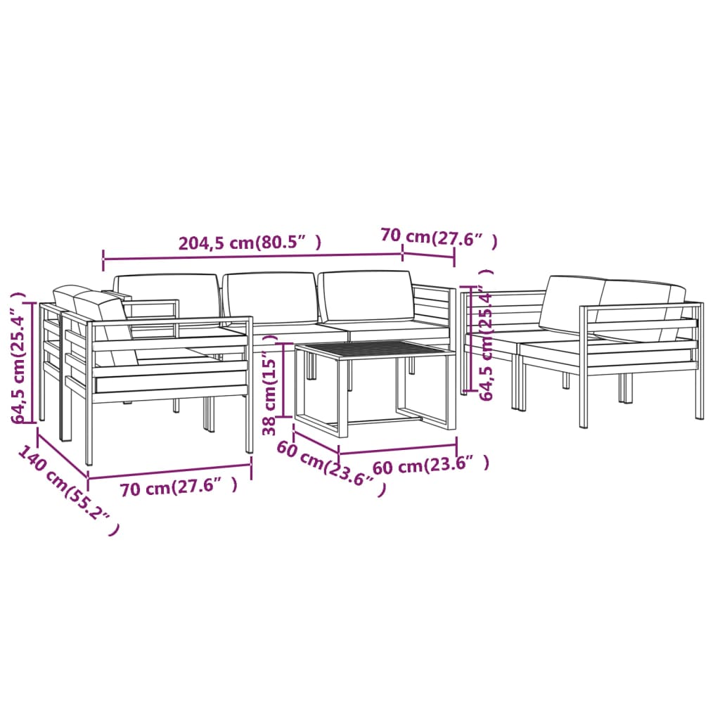 Ensemble Lounge 7 pièces avec coussins en aluminium anthracite