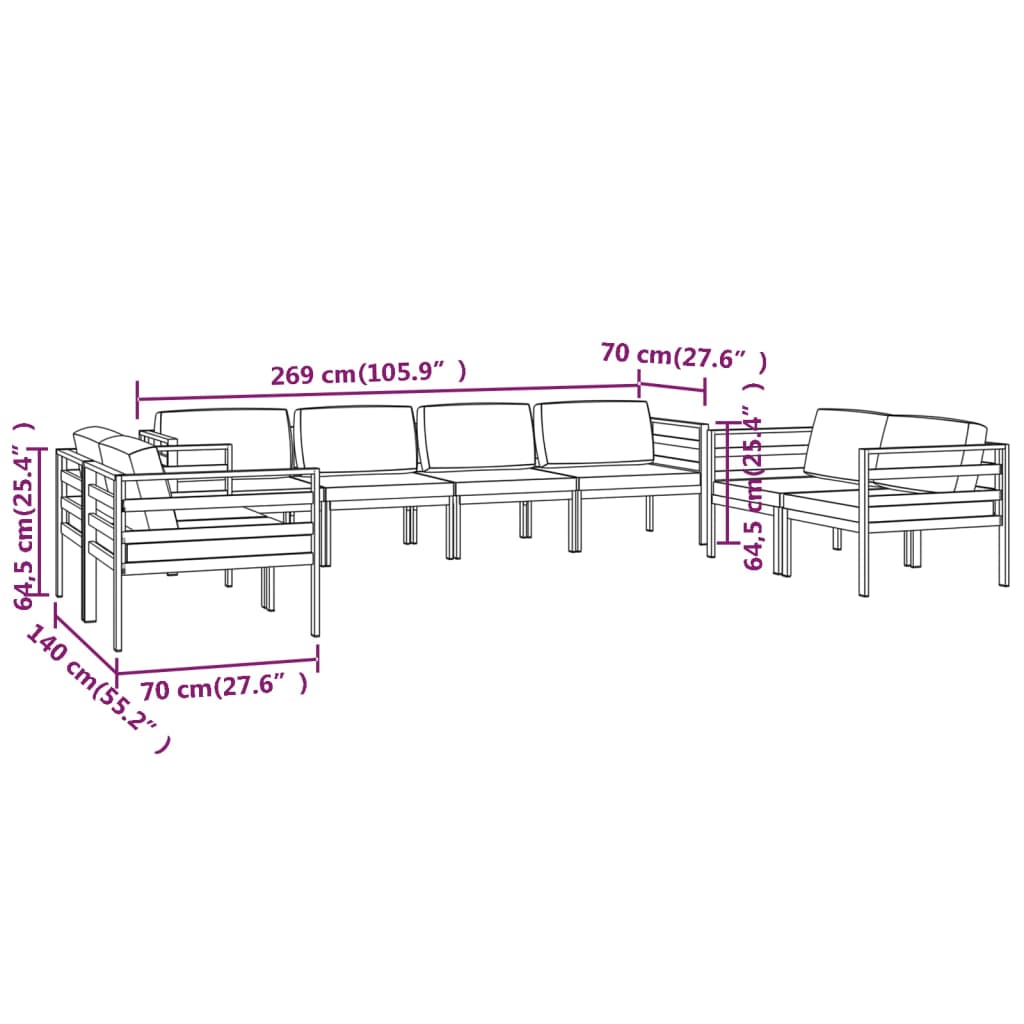 Ensemble Lounge 7 pièces avec coussins en aluminium anthracite