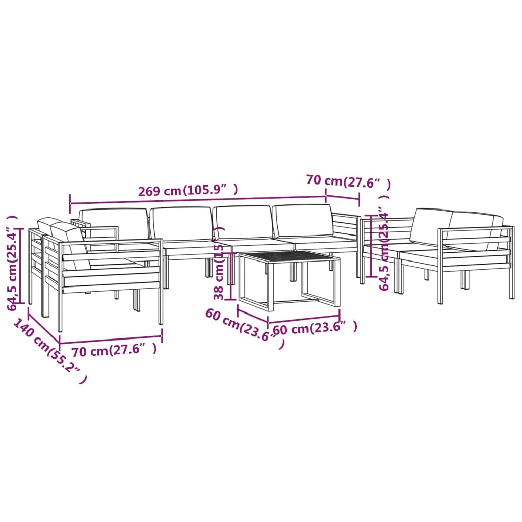 Ensemble Lounge 7 pièces avec coussins en aluminium anthracite