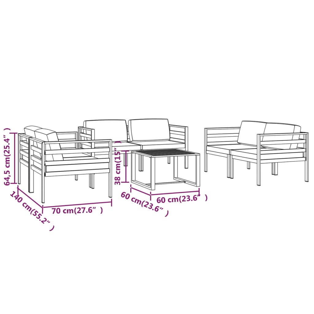 Ensemble Lounge 7 pièces avec coussins en aluminium anthracite