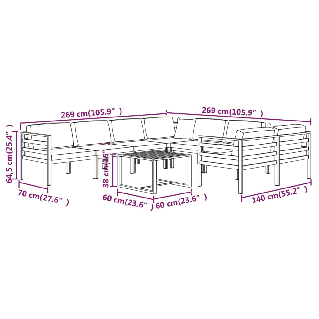 Ensemble Lounge 10 pièces avec coussins en aluminium, anthracite