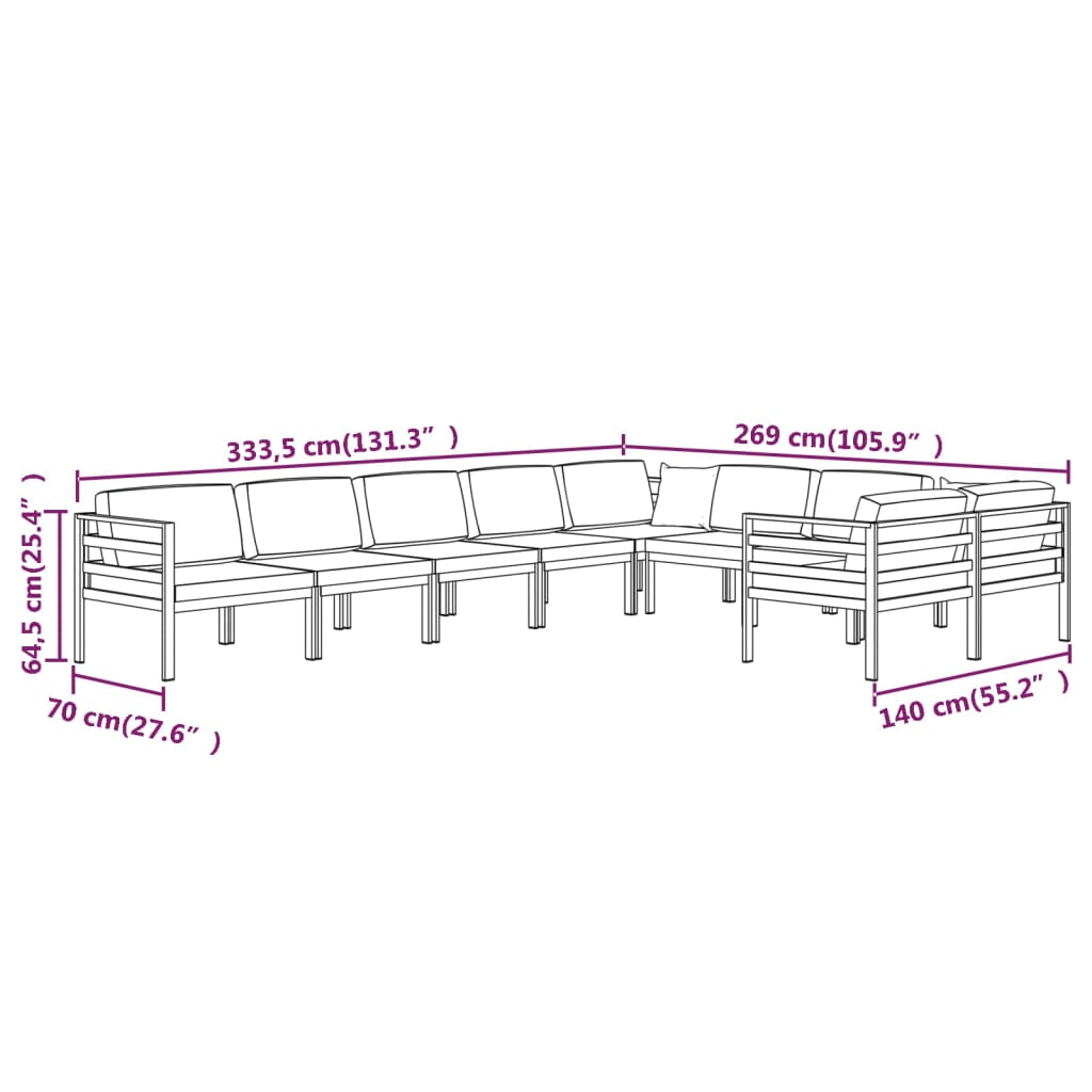 Ensemble Lounge 10 pièces avec coussins en aluminium, anthracite