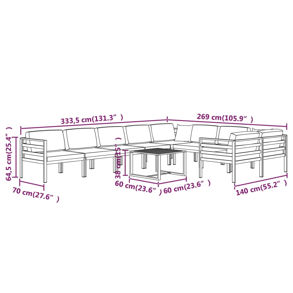 Ensemble Lounge 10 pièces avec coussins en aluminium, anthracite