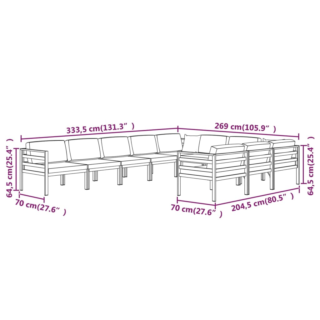 Ensemble Lounge 10 pièces avec coussins en aluminium, anthracite