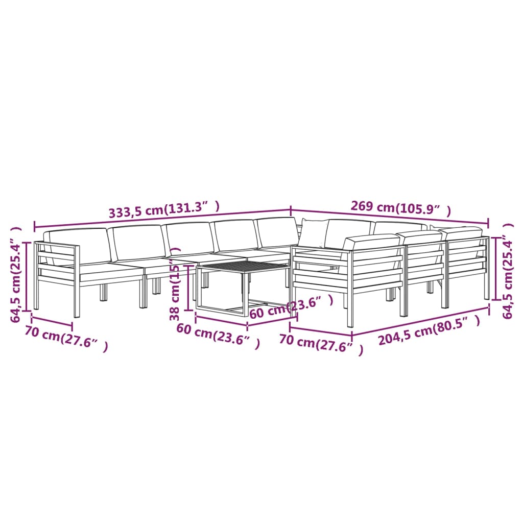 Ensemble Lounge 10 pièces avec coussins en aluminium, anthracite