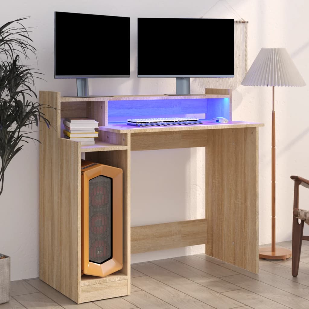 Bureau met LED-verlichting 97x45x90 cm bewerkt hout