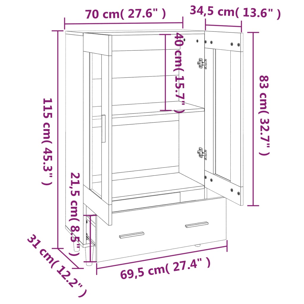 Meuble haut 70x31x115 cm en bois travaillé