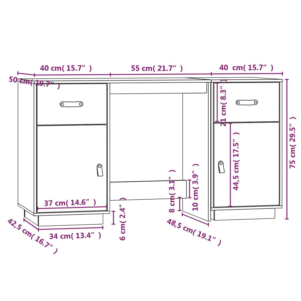 Bureau met kastjes 135x50x75 cm massief grenenhout