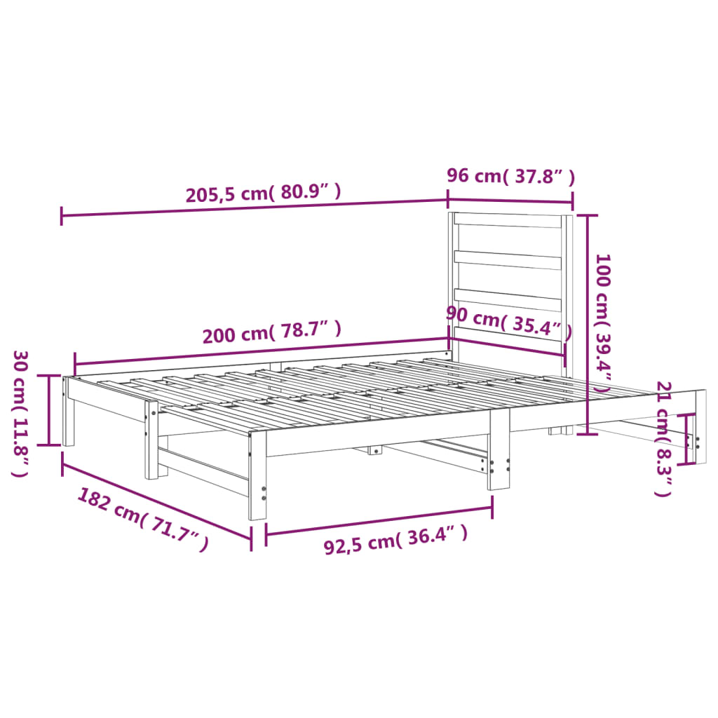 Slaapbank uitschuifbaar massief grenenhout 2x(90x200) cm