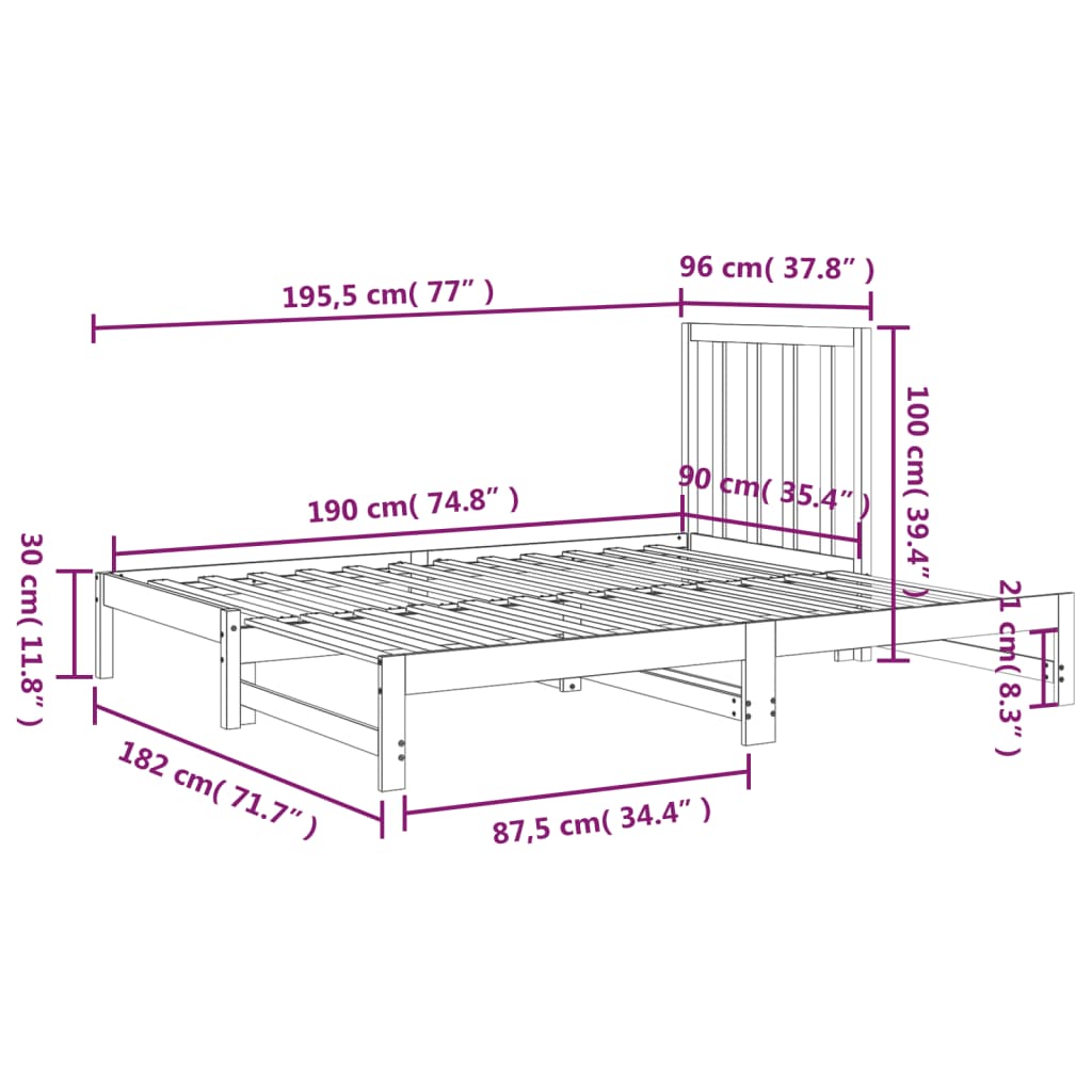 Slaapbank uitschuifbaar massief grenenhout 2x(90x190) cm