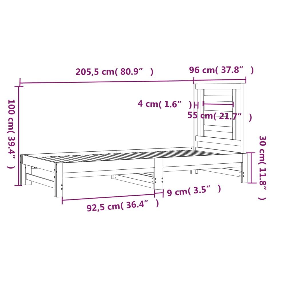 Slaapbank uitschuifbaar massief grenenhout 2x(90x190) cm