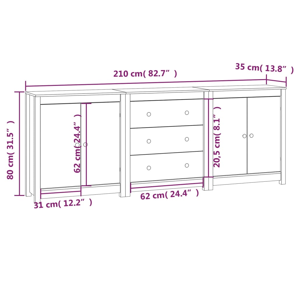 Buffet 210x35x80 cm en bois de pin massif