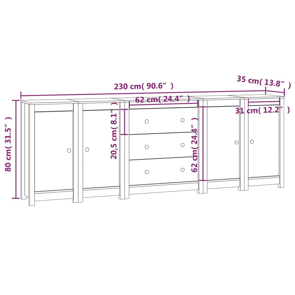 Buffet 230x35x80 cm en bois de pin massif