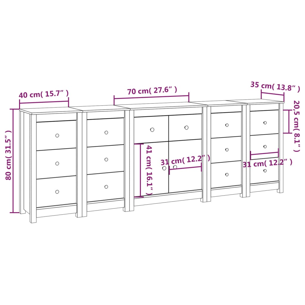 Buffet 230x35x80 cm en bois de pin massif