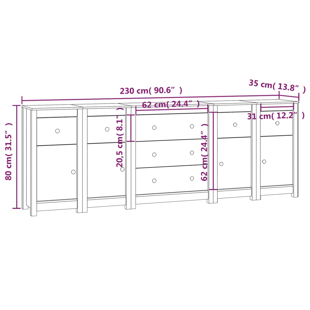 Buffet 230x35x80 cm en bois de pin massif