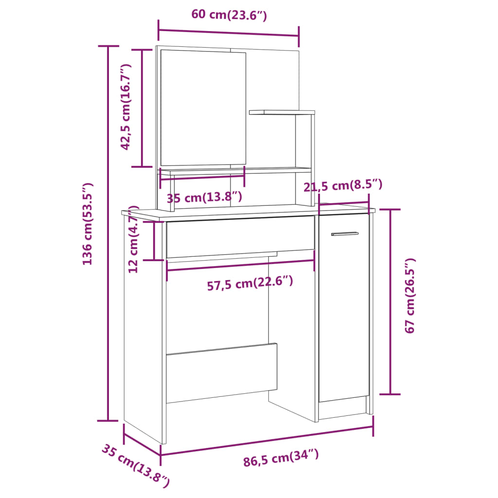 Kaptafelset 86,5x35x136 cm eikenkleurig