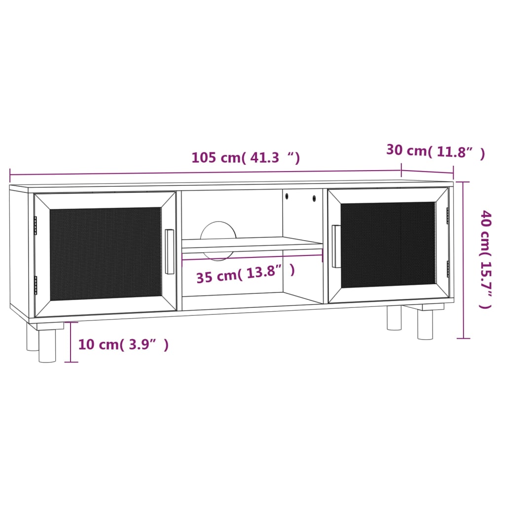 Tv-meubel 105x30x40 cm massief grenenhout en rattan