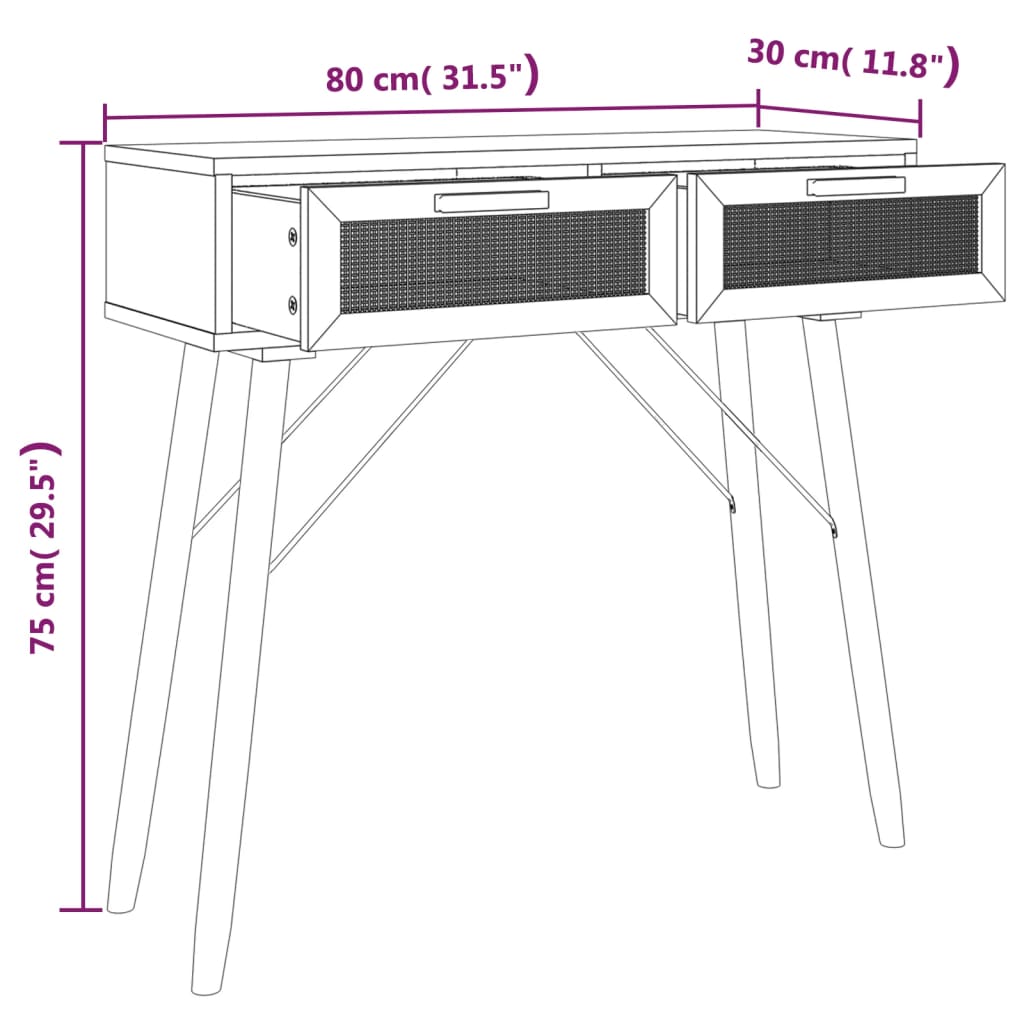 Wandtafel 80x30x75 cm massief grenenhout en natuurlijk rattan