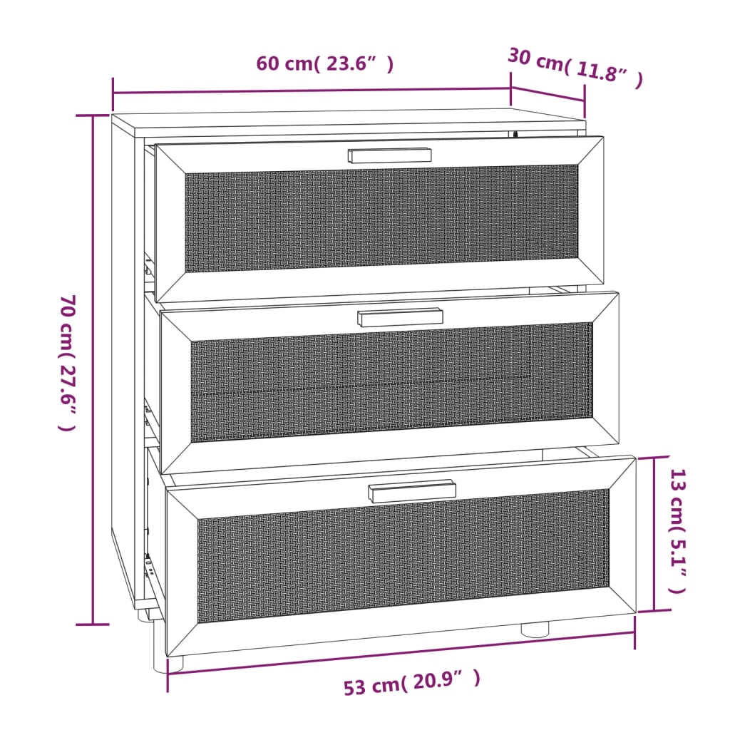 Dressoir 60x30x70 cm massief grenenhout en rattan