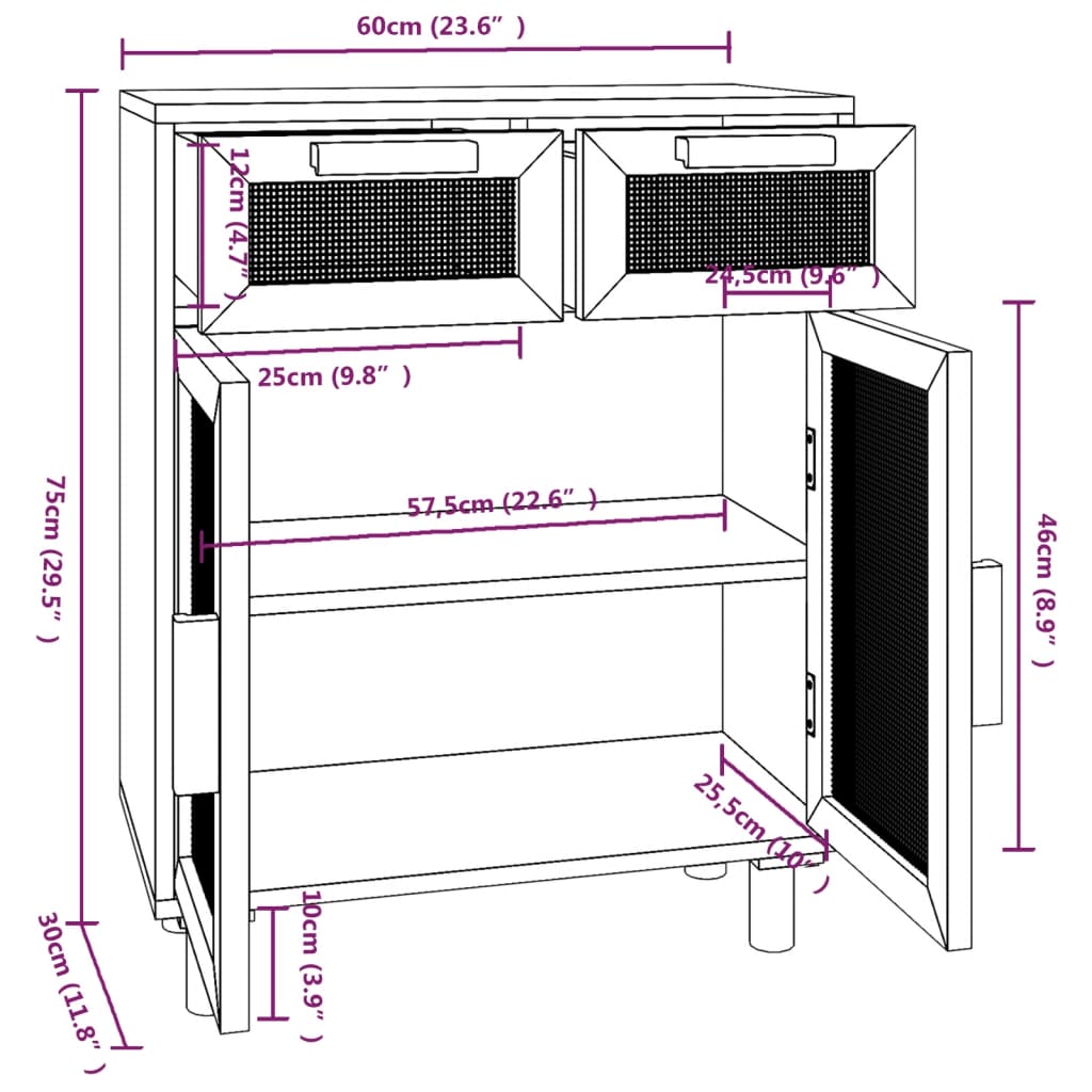 Dressoir 60x30x75 cm massief grenen hout en rattan