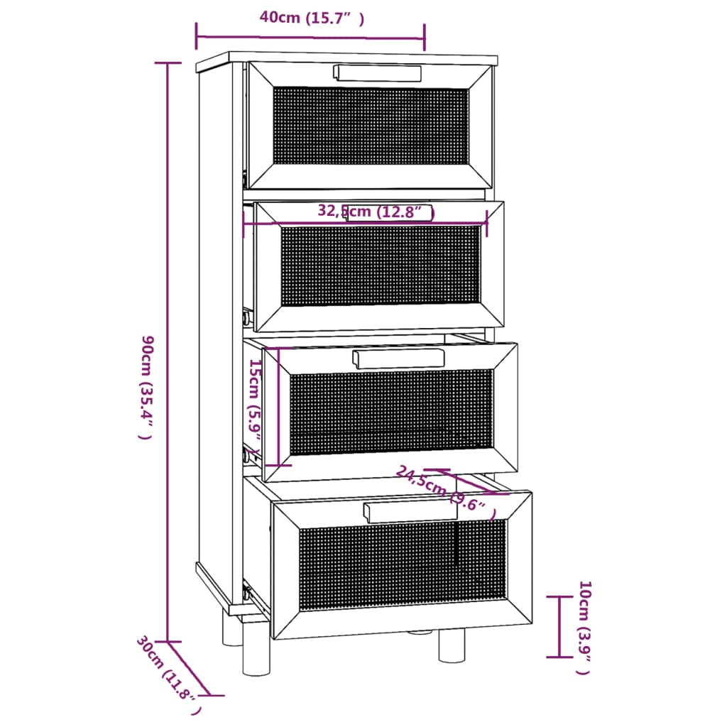 Dressoir 40x30x90 cm massief grenenhout en rattan