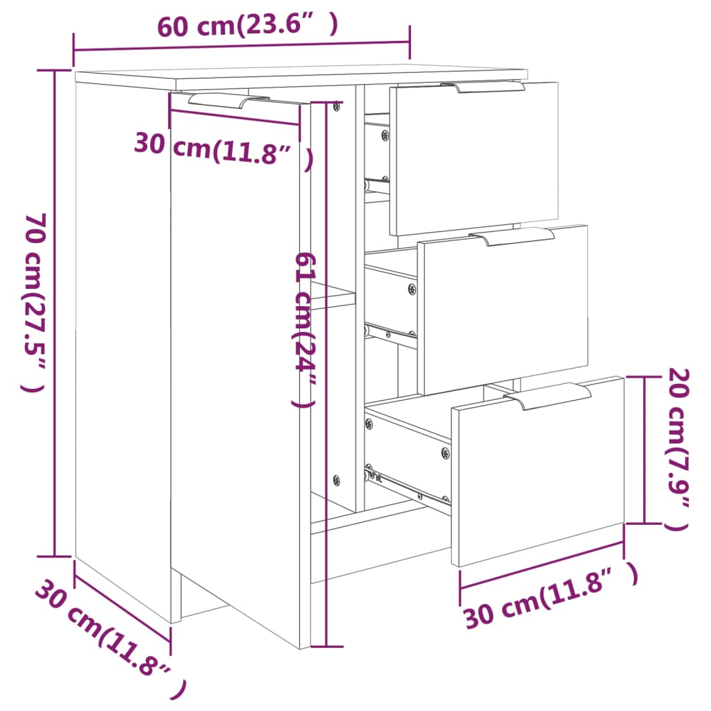 Dressoirs 2 st 60x30x70 cm bewerkt hout