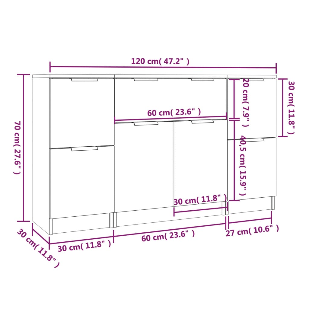 Buffets 3 pcs en bois ouvré couleur chêne