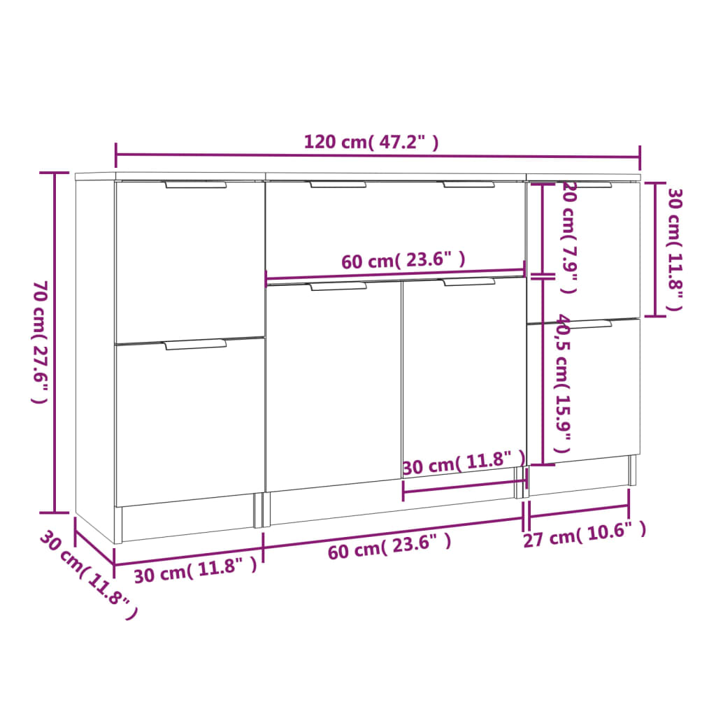 Buffets 3 pcs en bois ouvré couleur chêne