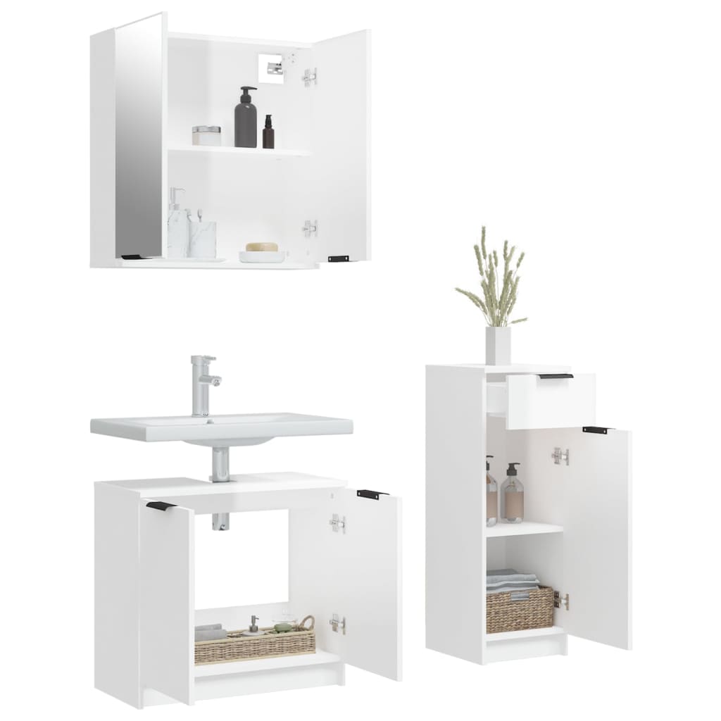 Ensemble de meuble de salle de bain 3 pièces en bois fini, blanc brillant