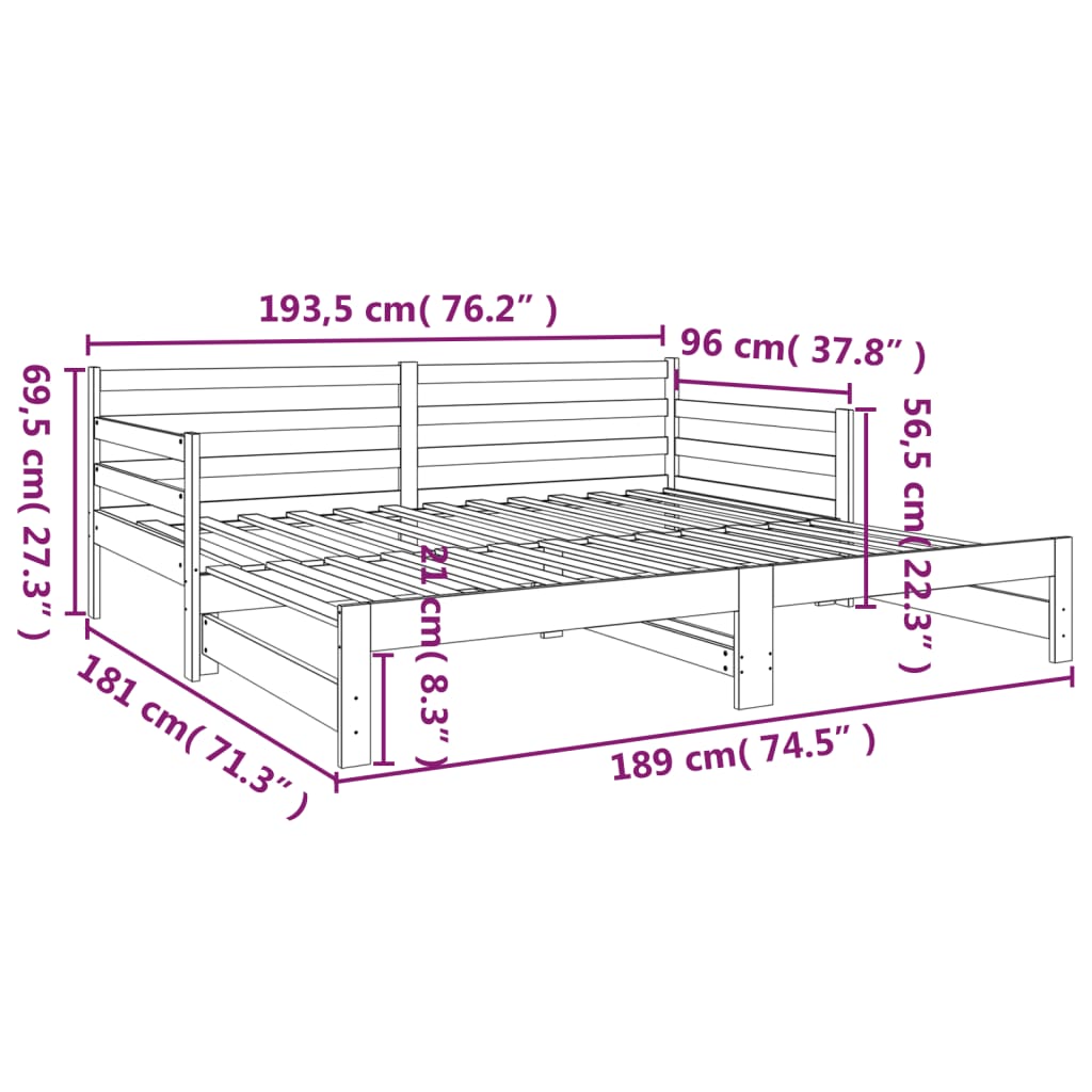 Canapé-lit extensible en pin massif 2x (90x190) cm