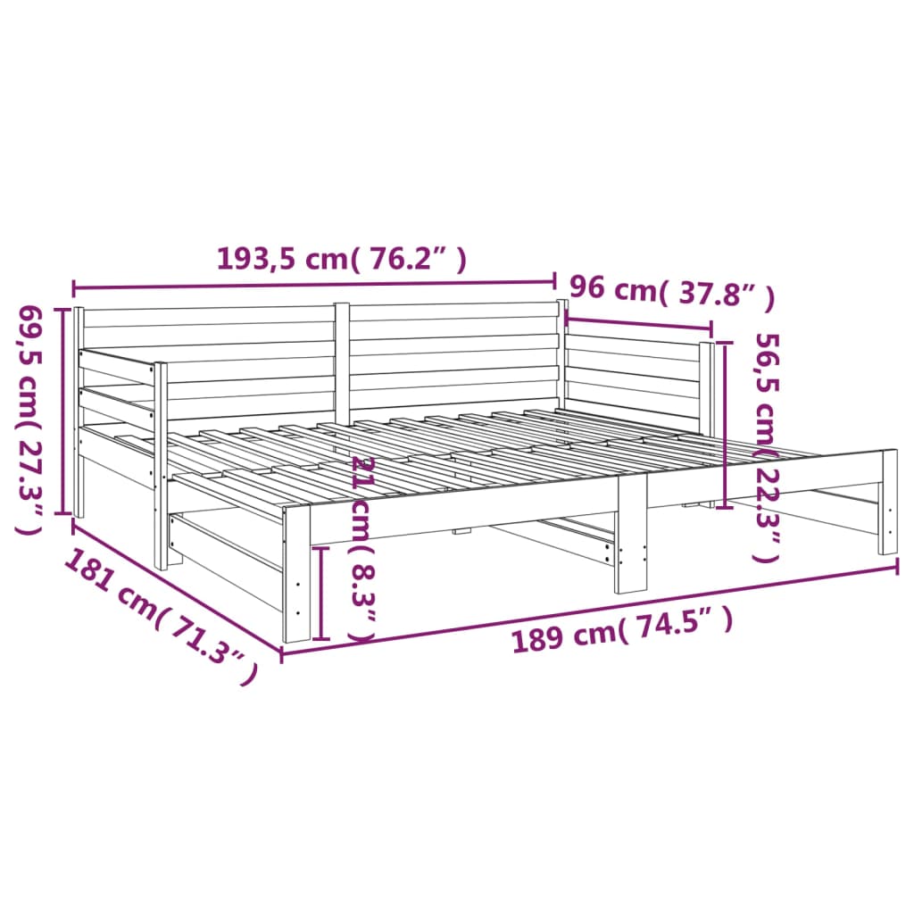 Slaapbank uitschuifbaar massief grenenhout 2x(90x190) cm