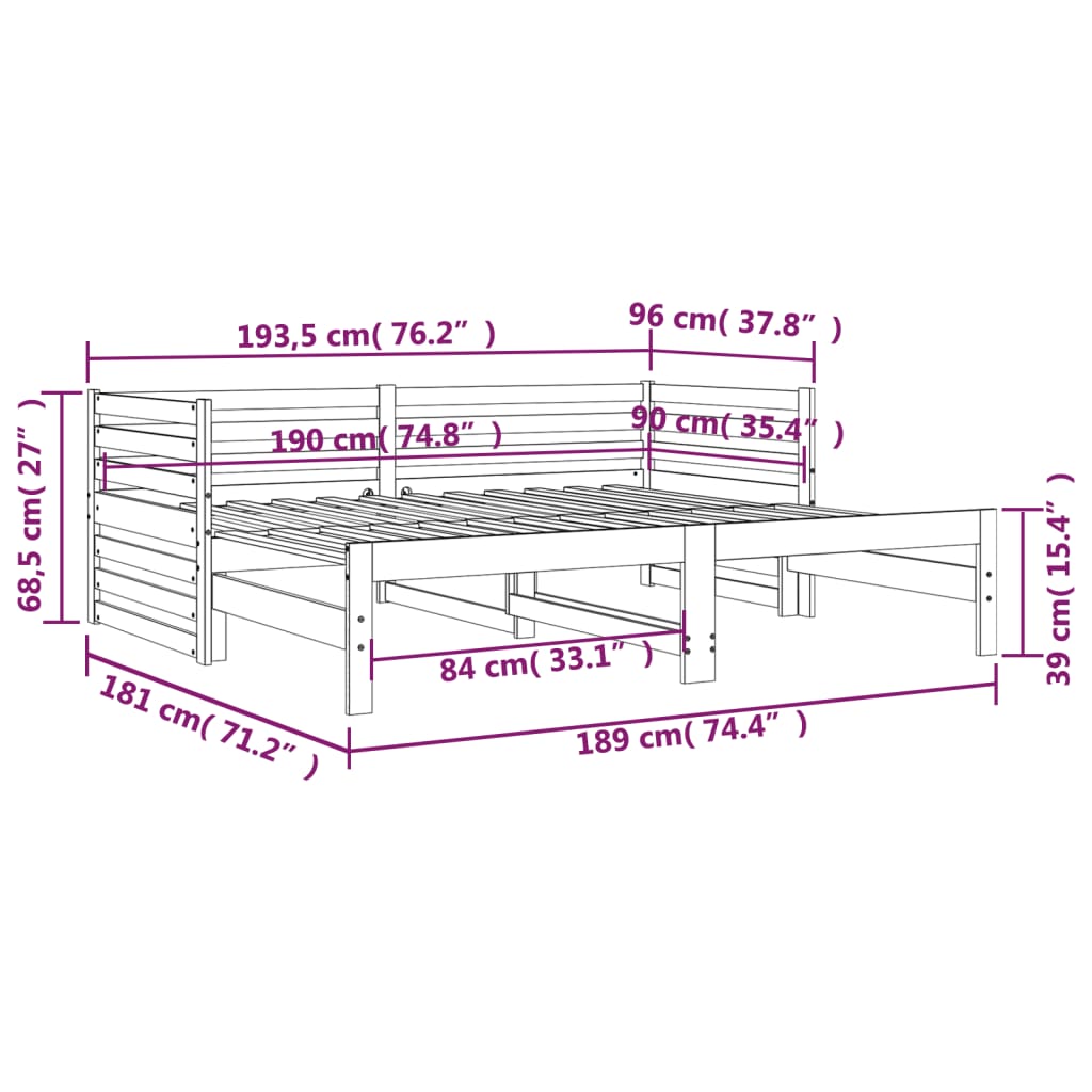 Slaapbank uitschuifbaar massief grenenhout 2x(90x190) cm