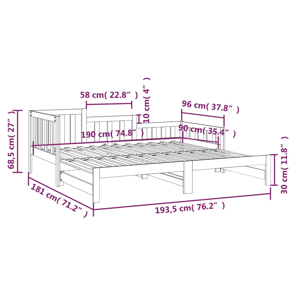 Canapé-lit extensible en pin massif 2x (90x200) cm