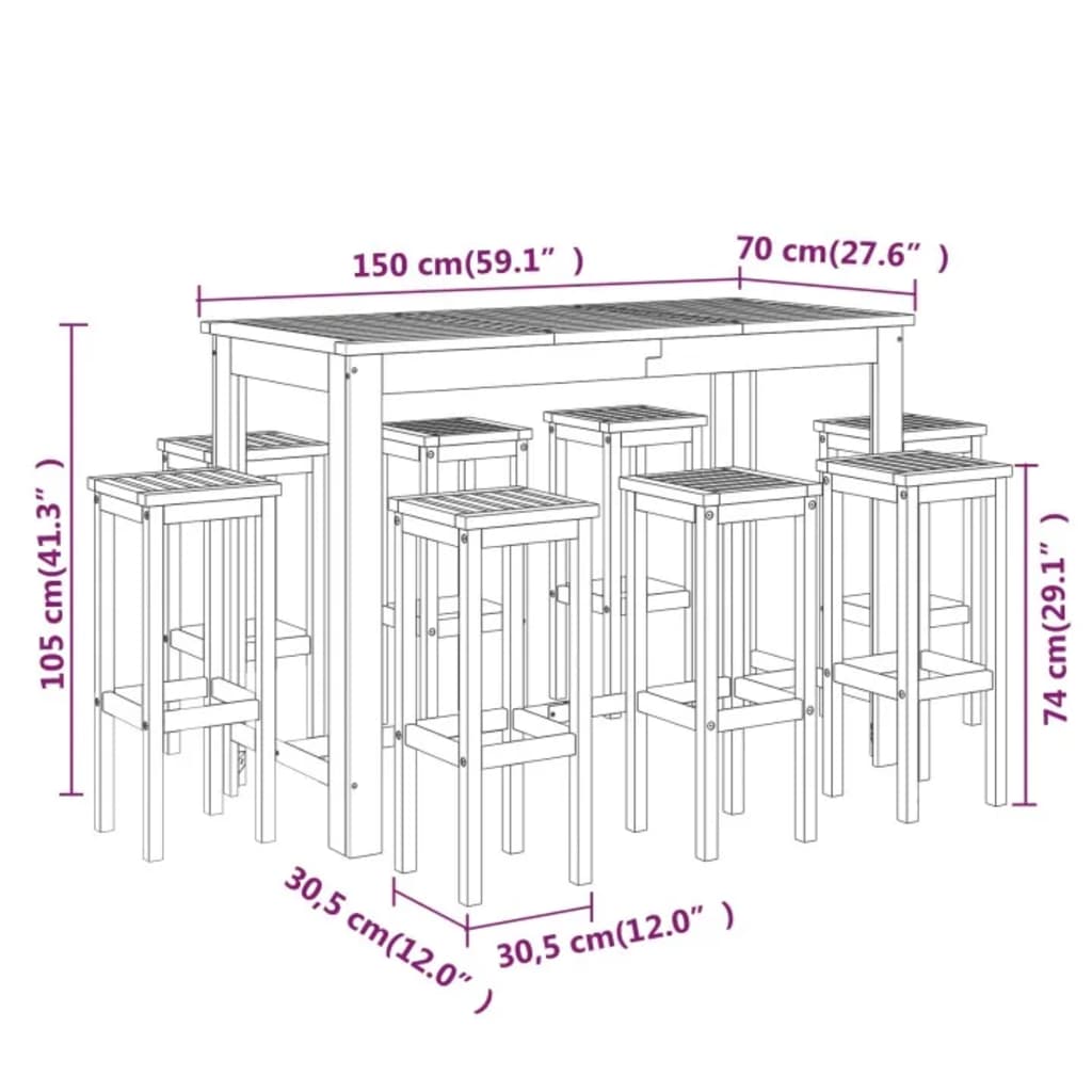 Ensemble de bar de jardin 9 pièces en bois d'acacia massif