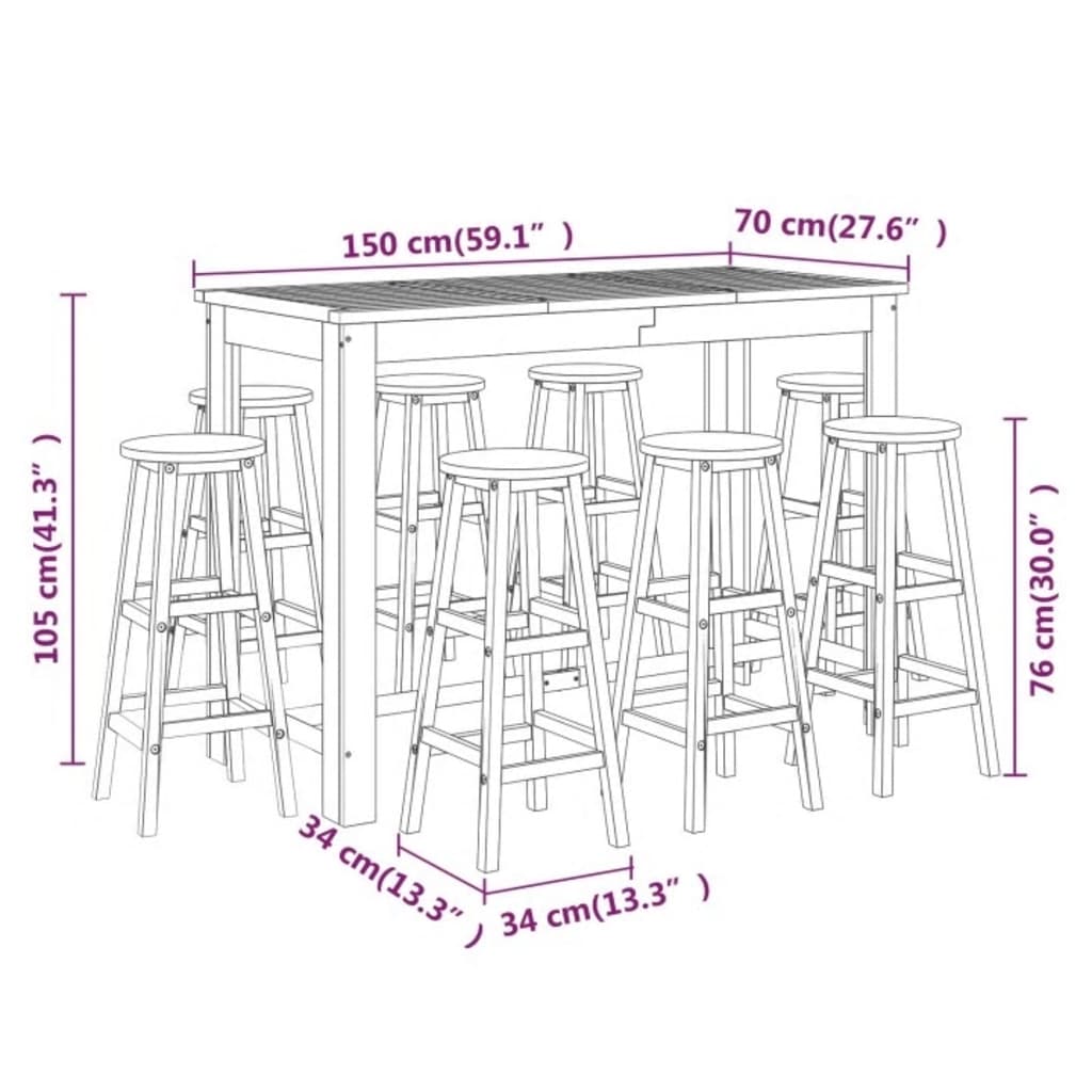 Ensemble de bar de jardin 9 pièces en bois d'acacia massif