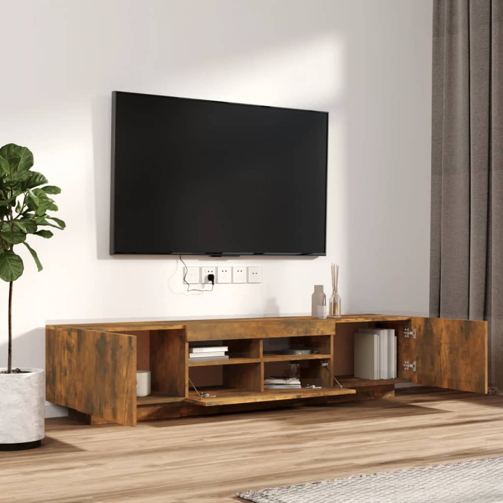 Tv-meubel met LED 200x35x40 cm bewerkt hout artisanaal eiken