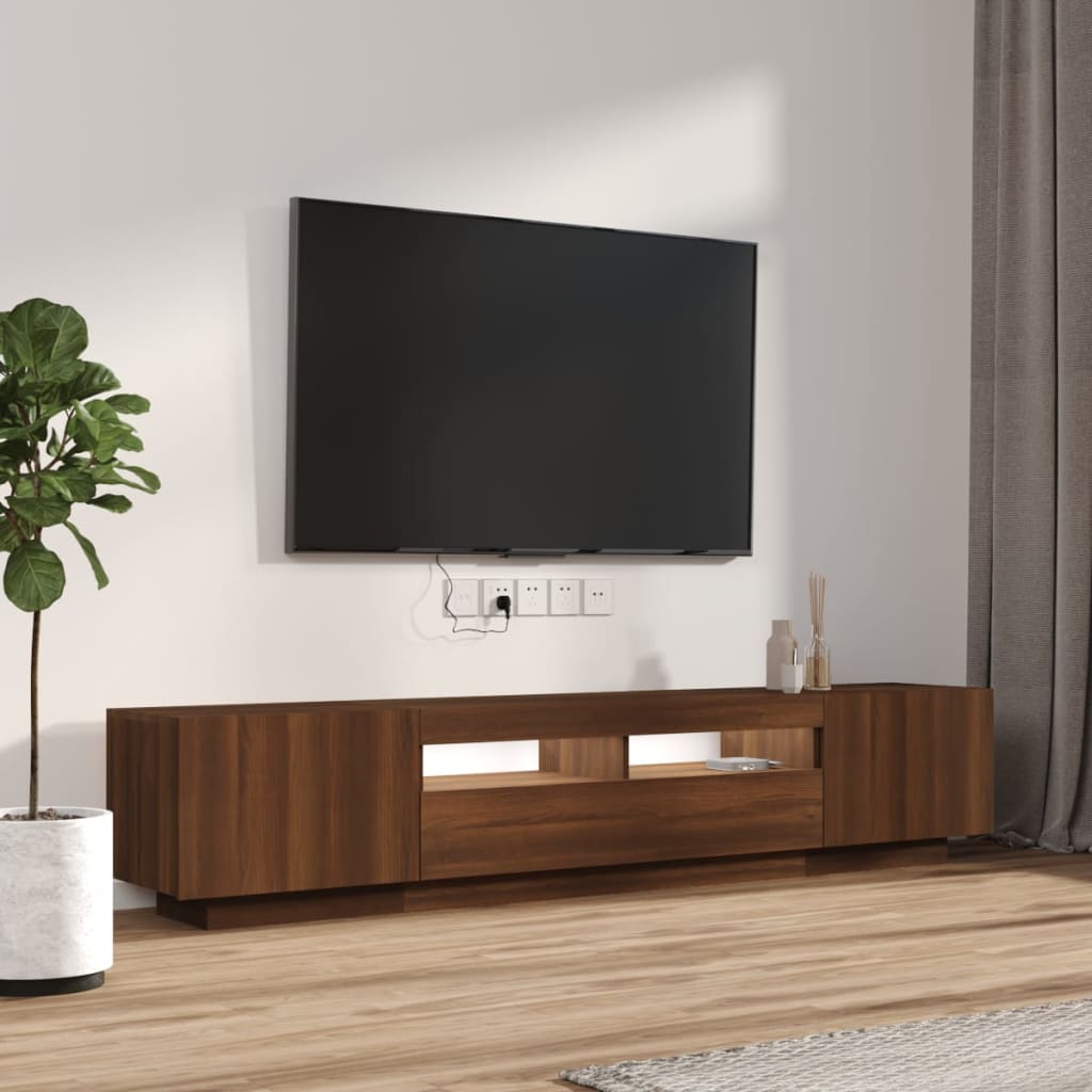 Tv-meubel met LED 200x35x40 cm bewerkt hout artisanaal eiken