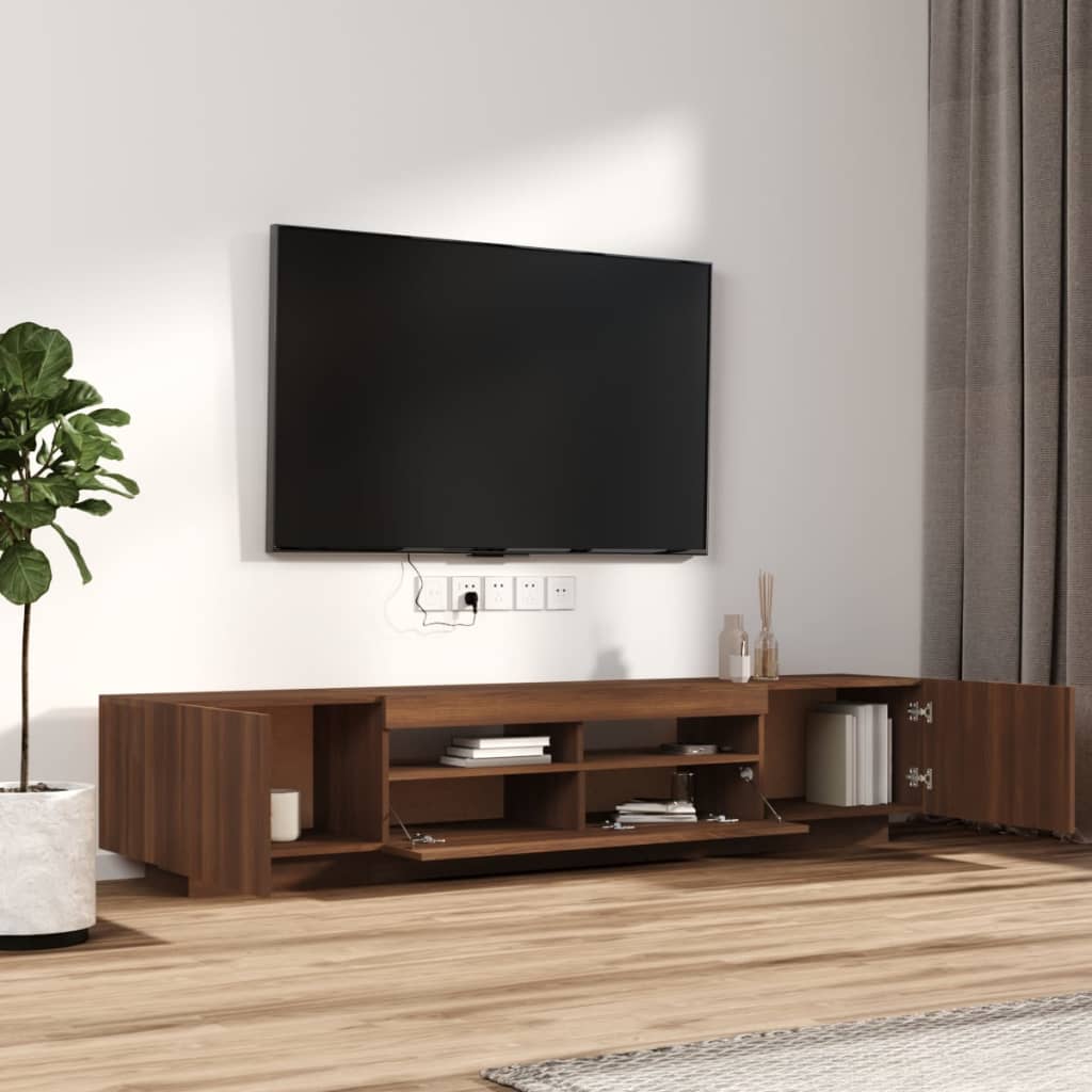 Tv-meubel met LED 200x35x40 cm bewerkt hout artisanaal eiken