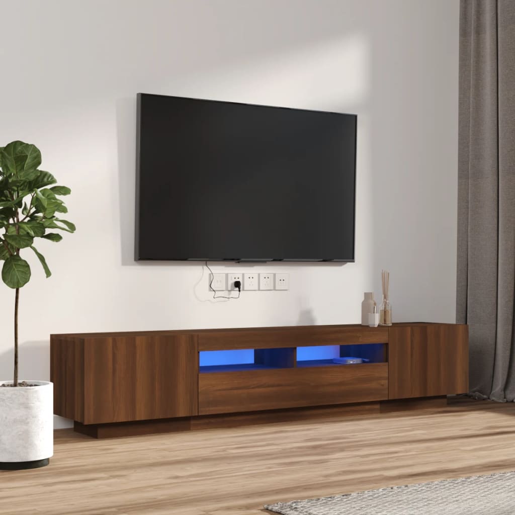 Tv-meubel met LED 200x35x40 cm bewerkt hout artisanaal eiken